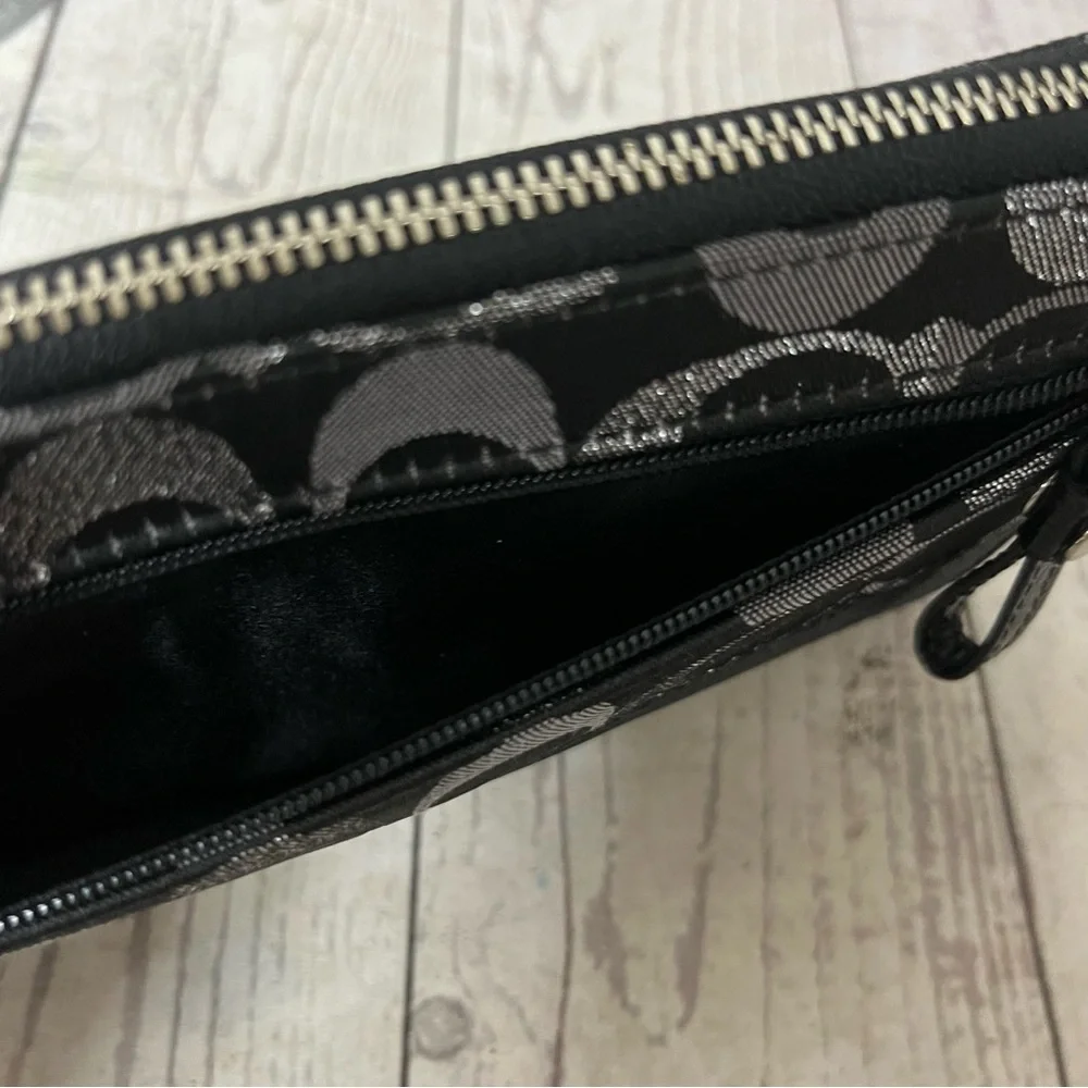 Coach Black Silver Signature Monogram Canvas Stripe Wristlet Wallet Metallic - Picture 12 of 15